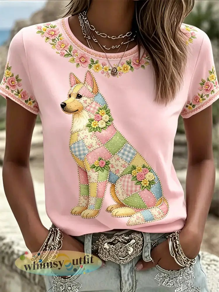 Dames casual T-shirt met bloemen- en hondendessin - Roze / S