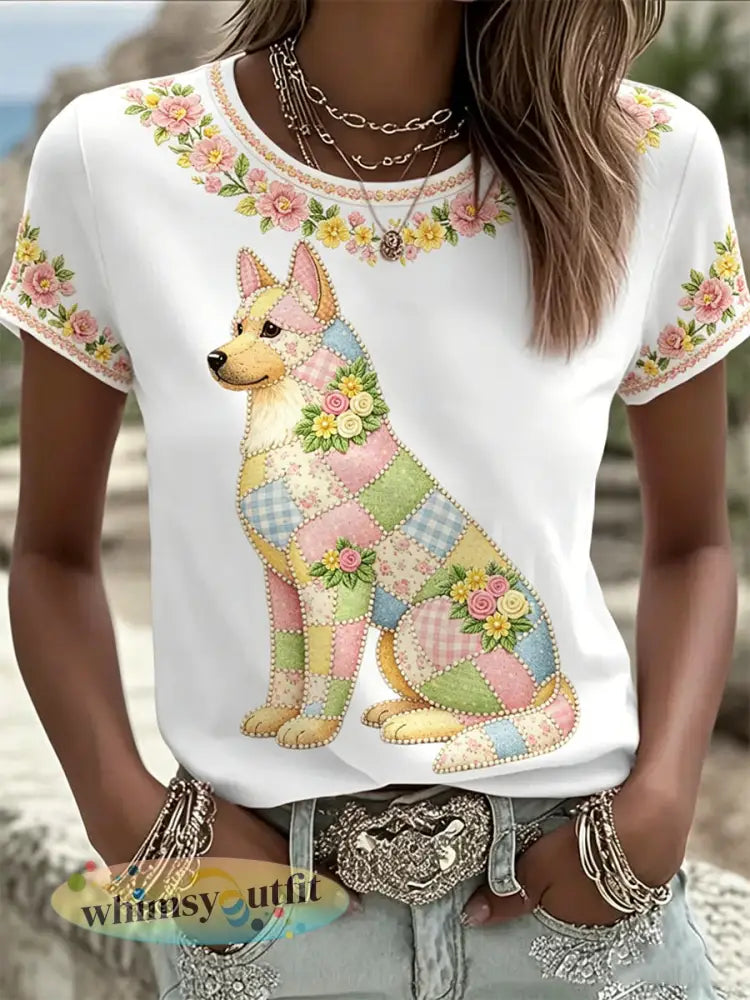 Dames casual T-shirt met bloemen- en hondendessin - Wit / S