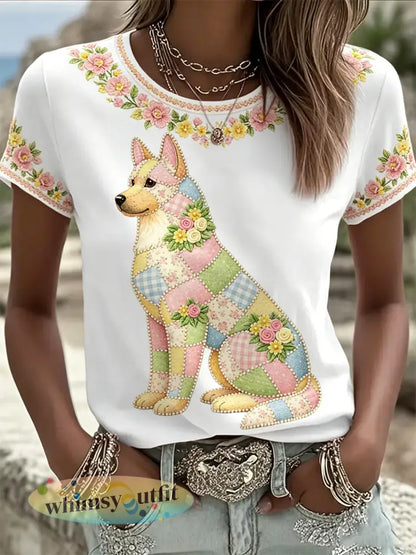 Dames casual T-shirt met bloemen- en hondendessin - Wit / S
