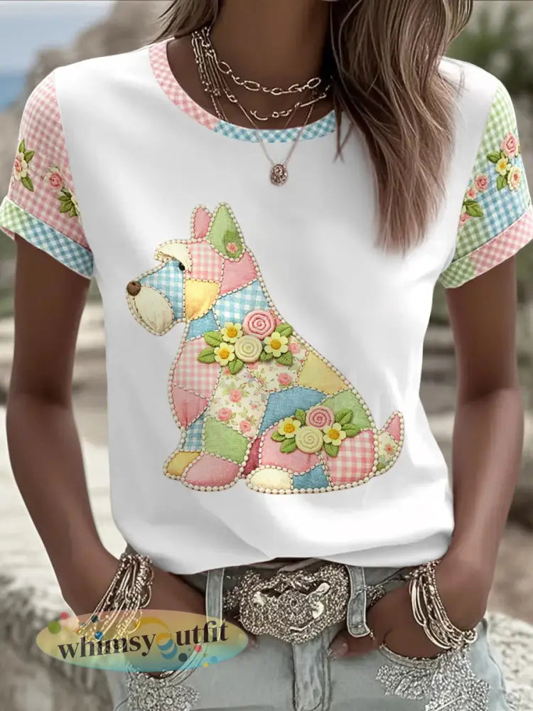 Dames casual T-shirt met bloemen- en hondendessin - Wit / S