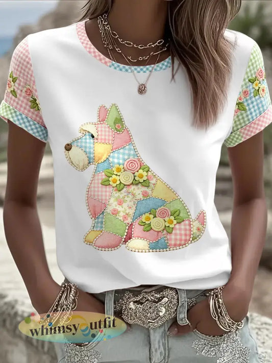 Dames casual T-shirt met bloemen- en hondendessin - Wit / S