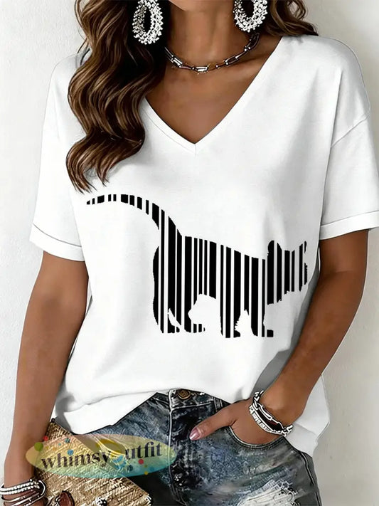 Dames Cat Print V-hals T-shirt - Wit / S