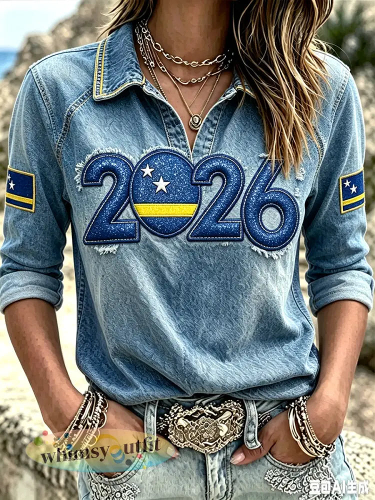 Dames Curacao voetbal 2026 denimprint casual mode t-shirt met V-hals en lange mouwen - Blauw / S