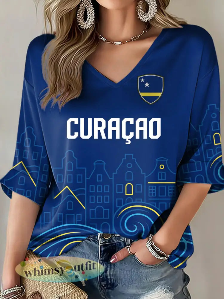 Dames Curaçao voetbalprint casual t-shirt - Blauw / S