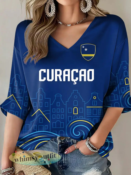 Dames Curaçao voetbalprint casual t-shirt - Blauw / S