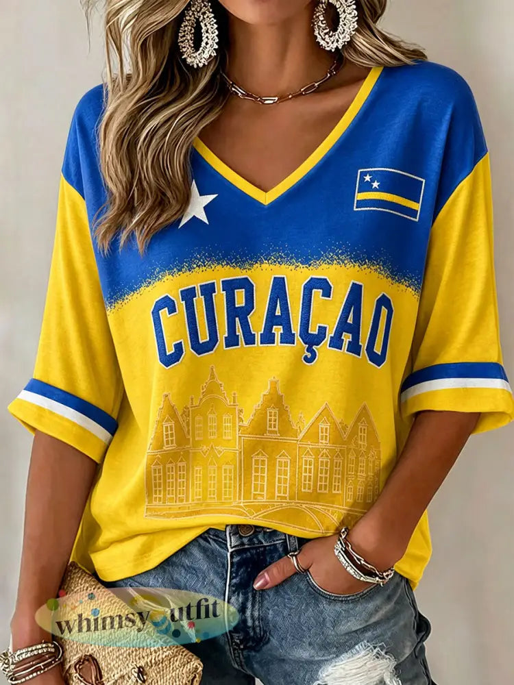 Dames Curaçaose voetbalprint casual T-shirt - als foto / S