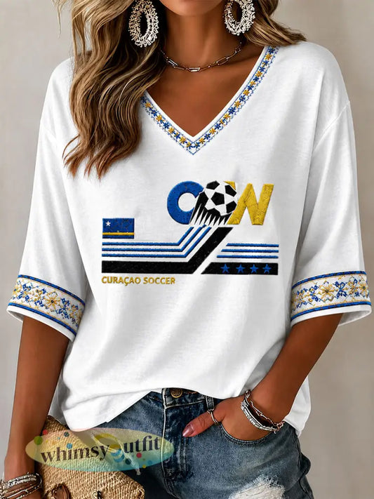 Dames Curaçaose voetbalprint casual T-shirt - Wit / S