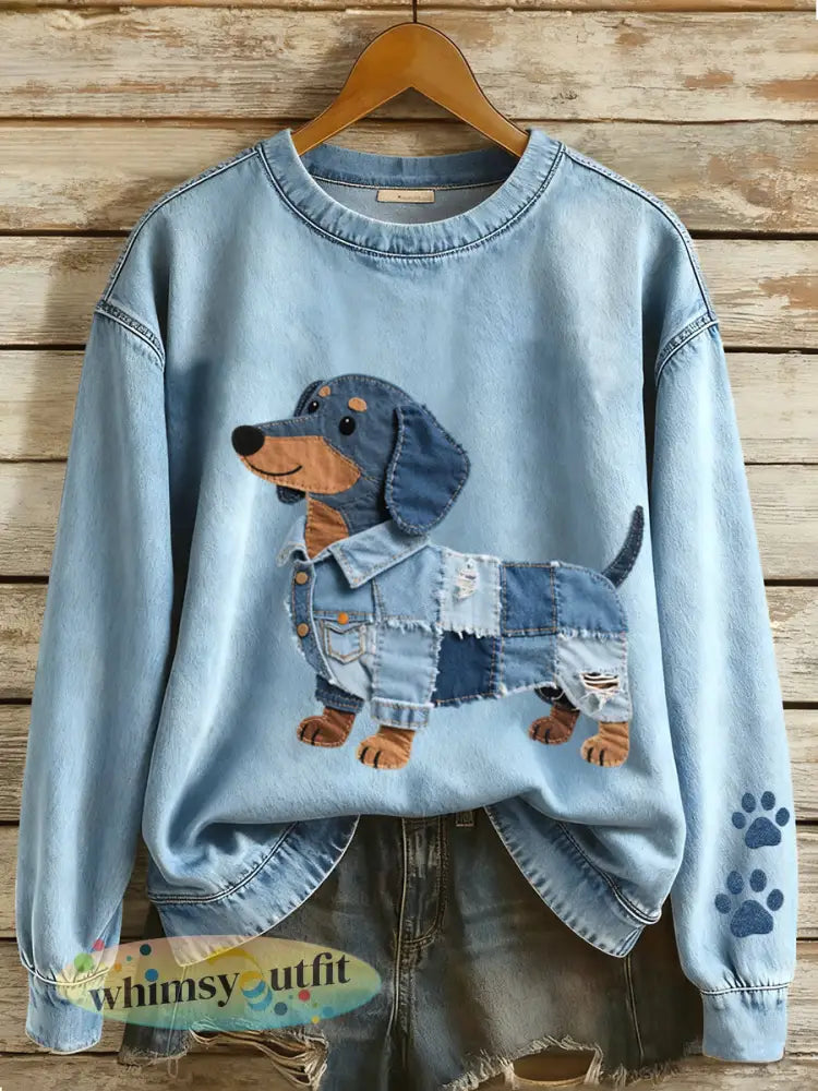 Dames denim patchwork Art Teckel hond patroon Sweatshirt - Blauw / S