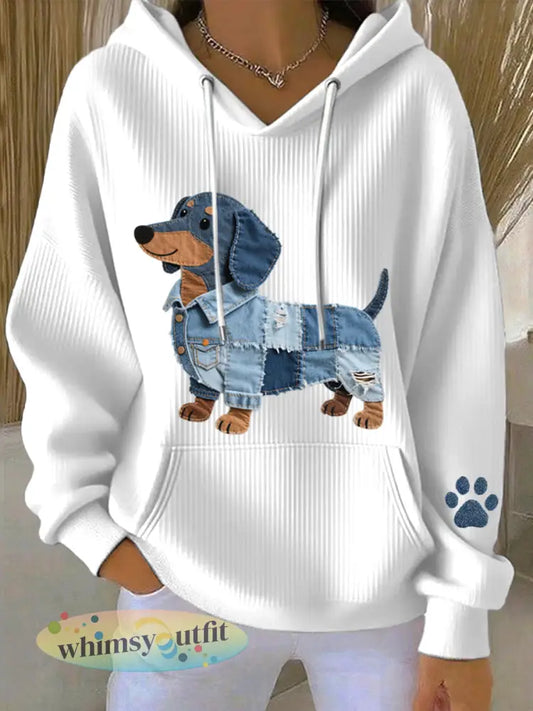 Dames denim patchwork Art Teckel Patroon Hoodie - Wit / S