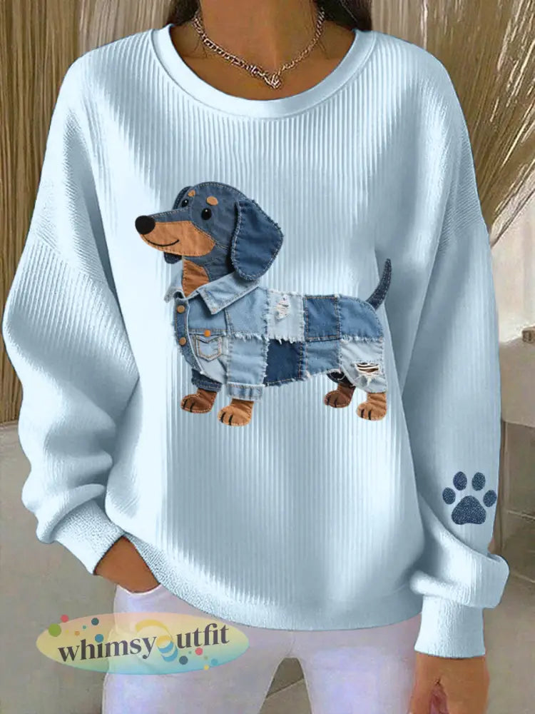 Dames denim patchwork Art Teckel Patroon Sweatshirt - Lichtblauw / S