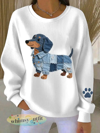 Dames denim patchwork Art Teckel Patroon Sweatshirt - Wit / S