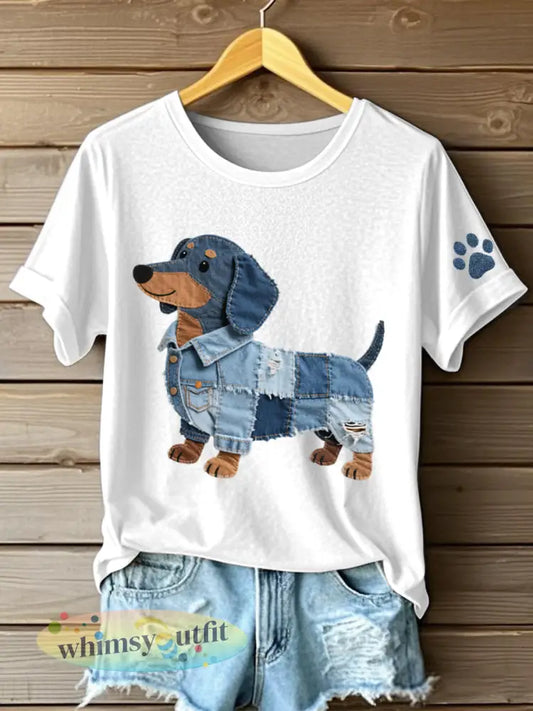 Dames Denim Patchwork Art Teckel Patroon T-shirt - Wit / S