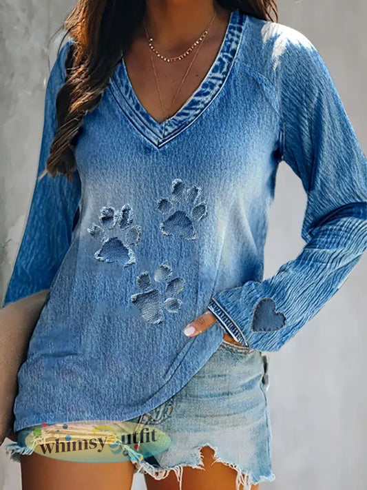 Dames denim paw lange mouw T-shirt - Blauw / S