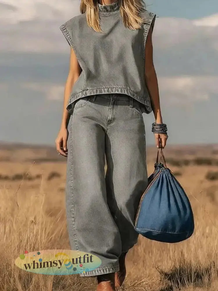 Dames denim set - Grijs / S