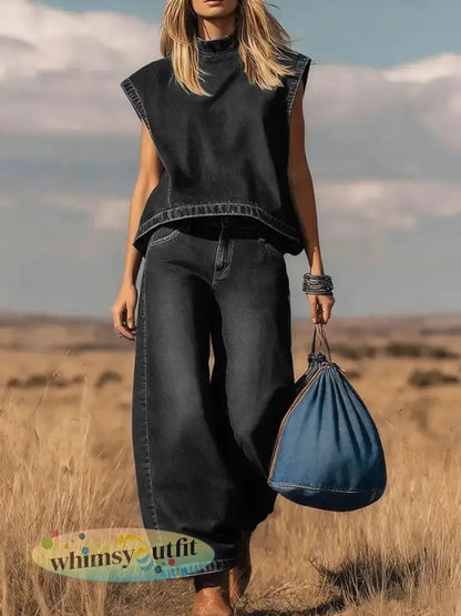 Dames denim set - Zwart / S