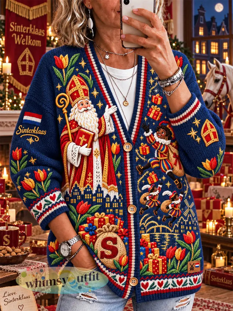 Dames Diepblauw Nederlandse St. Nicholas Day Print Casual V-hals Cardigan - Diep Blauw / S