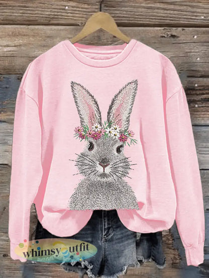 Dames Eatser Schattig Bunny Patroon Gedrukt met ronde-hals lange mouw Sweatshirt