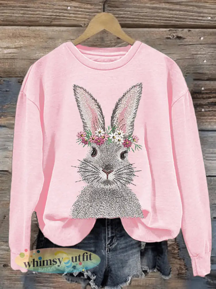 Dames Eatser Schattig Bunny Patroon Gedrukt met ronde-hals lange mouw Sweatshirt - Roze / S