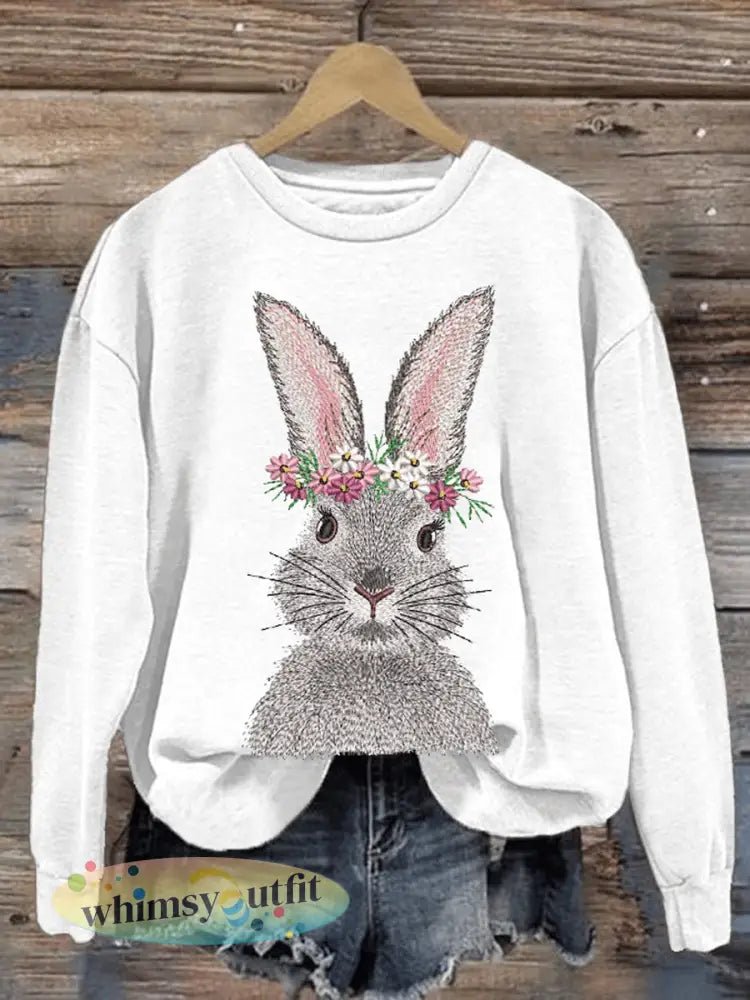 Dames Eatser Schattig Bunny Patroon Gedrukt met ronde-hals lange mouw Sweatshirt - Wit / S