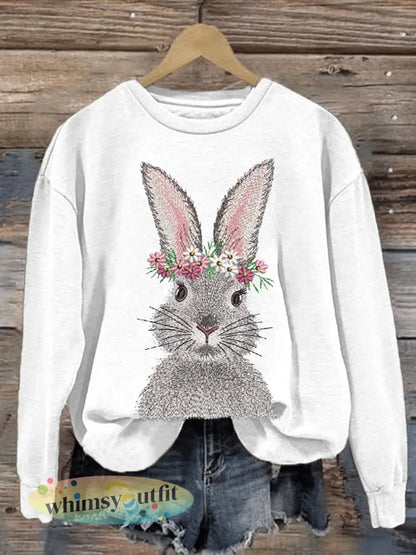 Dames Eatser Schattig Bunny Patroon Gedrukt met ronde-hals lange mouw Sweatshirt - Wit / S