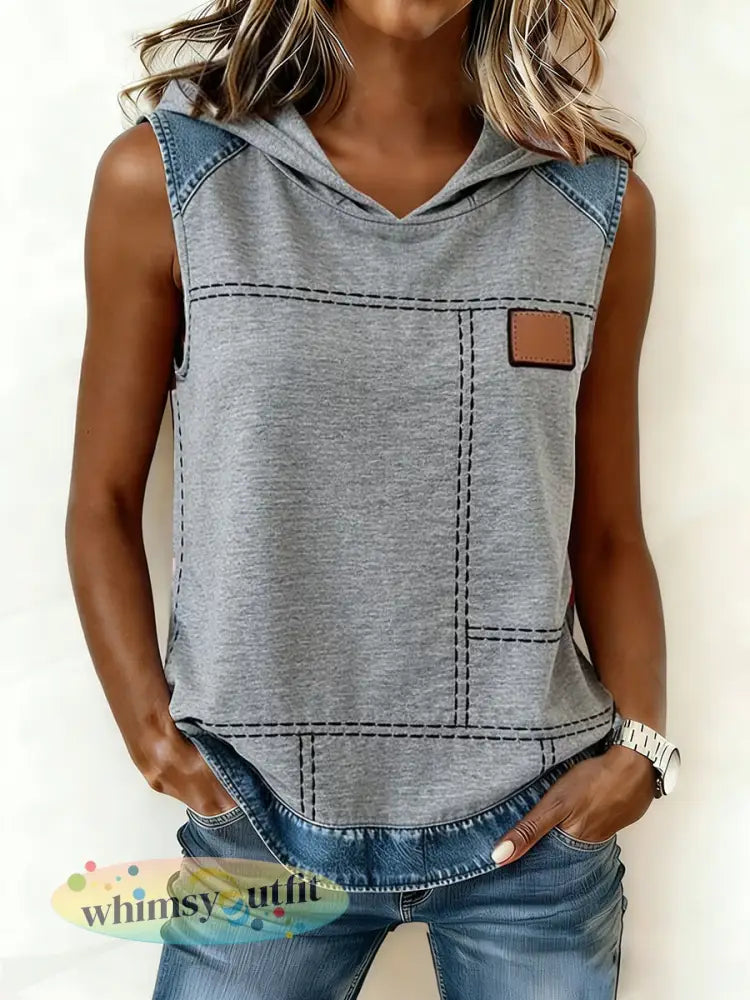 Dames eenvoudig denim patchwork top met capuchon - Grijs / S