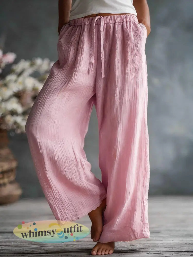 Dames eenvoudige effen linnen blend broek - Roze / S