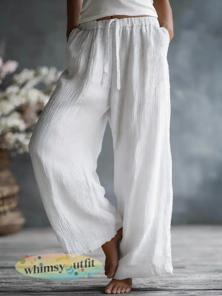 Dames eenvoudige effen linnen blend broek - Wit / S
