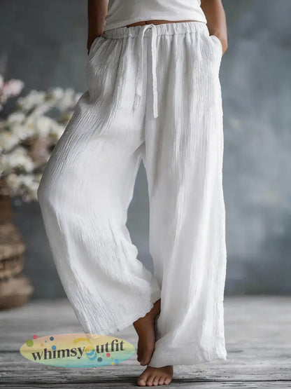 Dames eenvoudige effen linnen blend broek - Wit / S