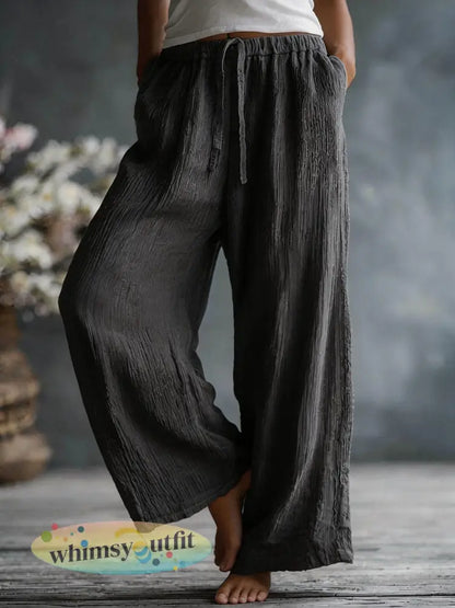 Dames eenvoudige effen linnen blend broek - Zwart / S
