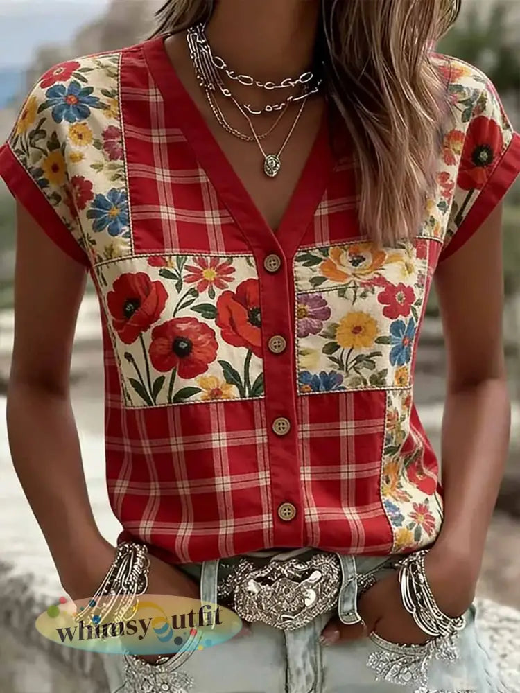 Dames eenvoudige stijl bloemenprint T-shirt - als foto / S