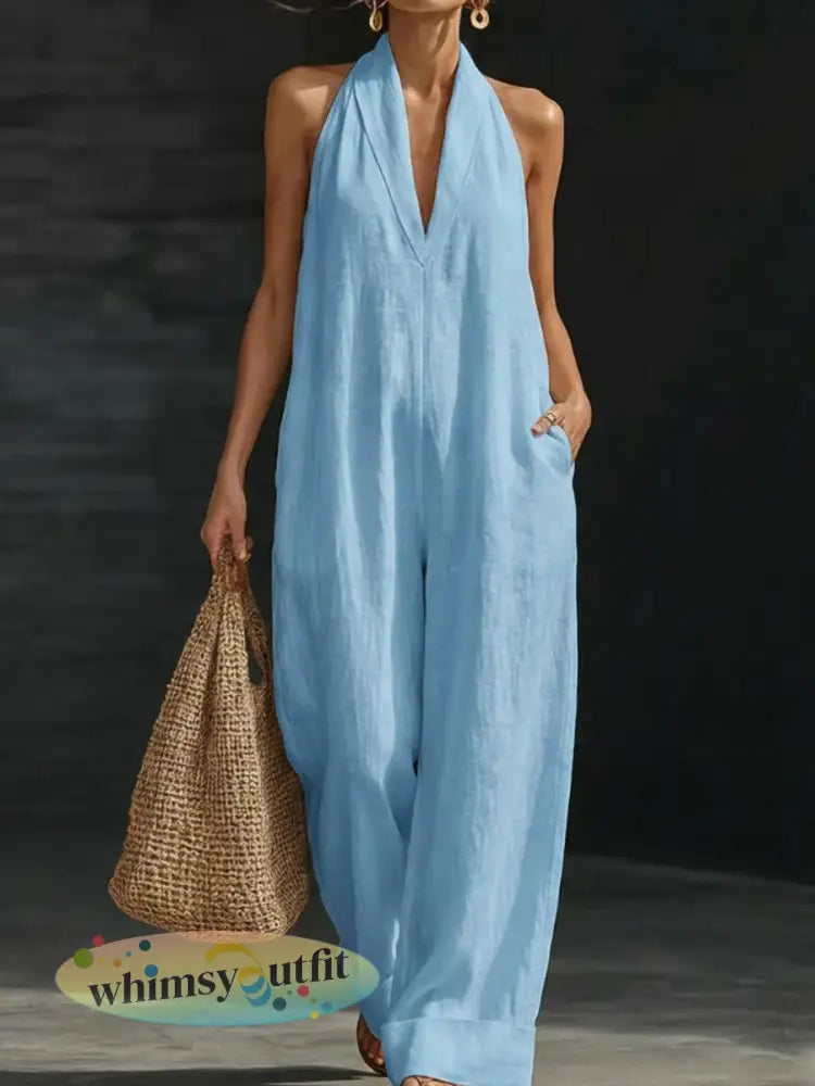 Dames effen katoenen linnen mouwloze jumpsuit - Blauw / S