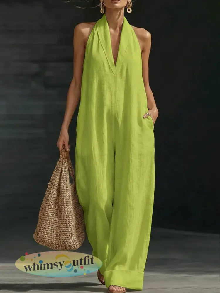 Dames effen katoenen linnen mouwloze jumpsuit - Groen / S