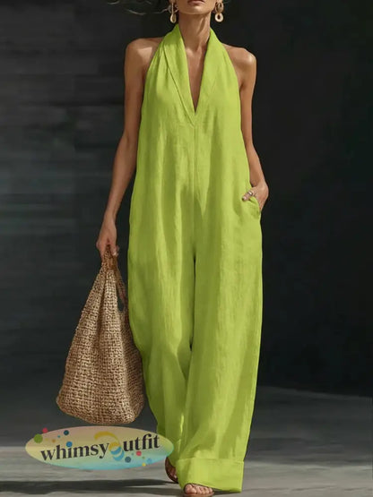 Dames effen katoenen linnen mouwloze jumpsuit - Groen / S