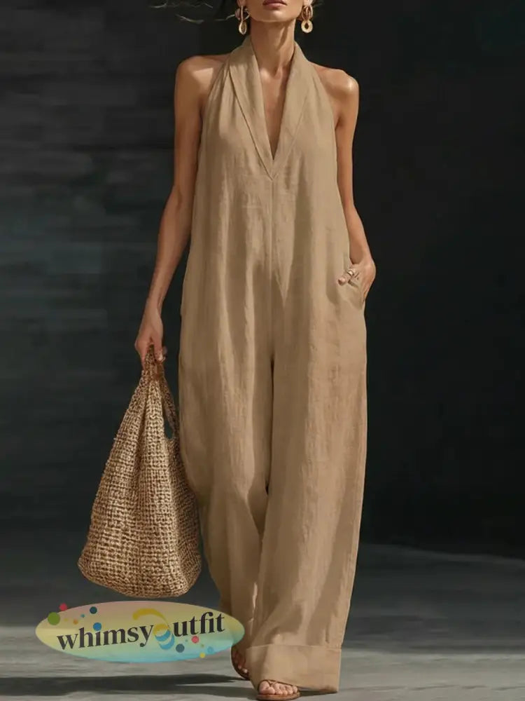 Dames effen katoenen linnen mouwloze jumpsuit - Kaki / S