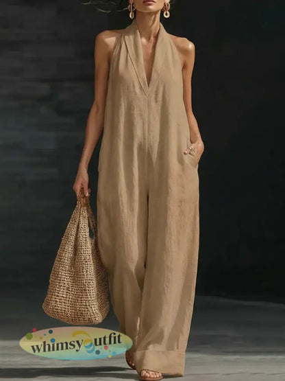 Dames effen katoenen linnen mouwloze jumpsuit - Kaki / S