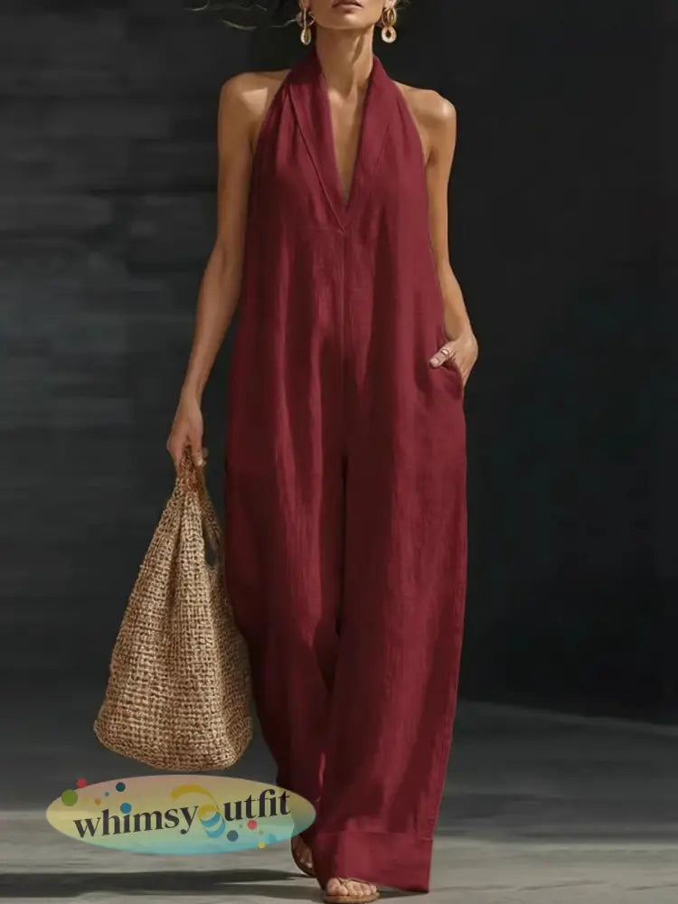 Dames effen katoenen linnen mouwloze jumpsuit - Wijnrood / S