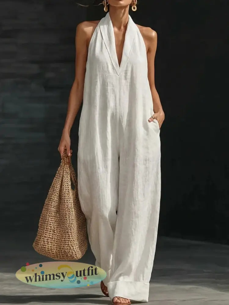 Dames effen katoenen linnen mouwloze jumpsuit - Wit / S