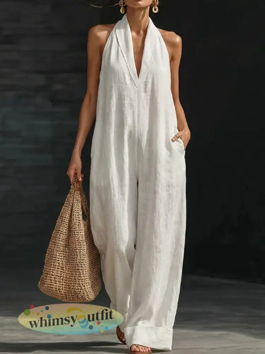 Dames effen katoenen linnen mouwloze jumpsuit - Wit / S