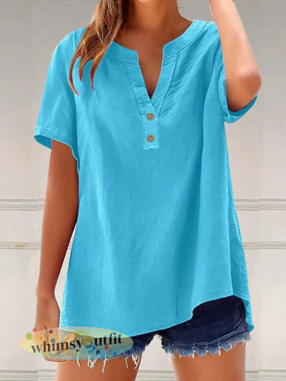 Dames effen kleur casual V-hals tops - Hemelsblauw / S