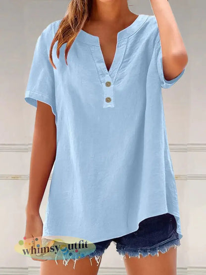 Dames effen kleur casual V-hals tops - Lichtblauw / S