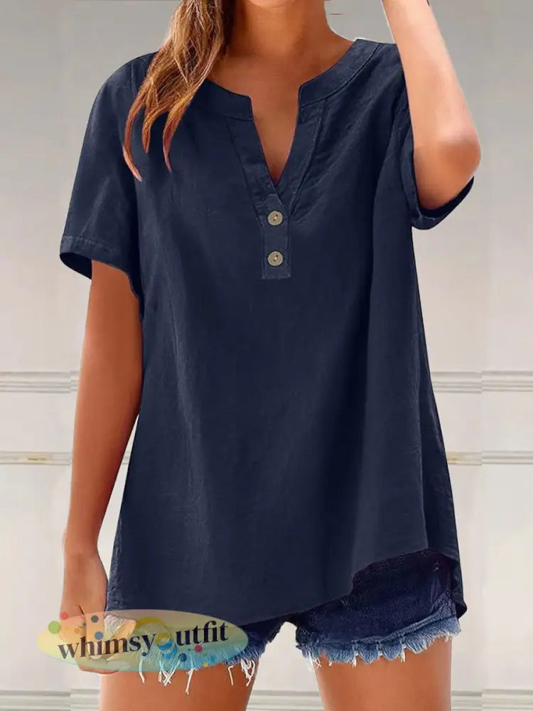 Dames effen kleur casual V-hals tops - Marineblauw / S