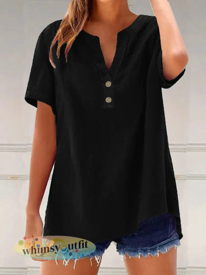 Dames effen kleur casual V-hals tops - Zwart / S