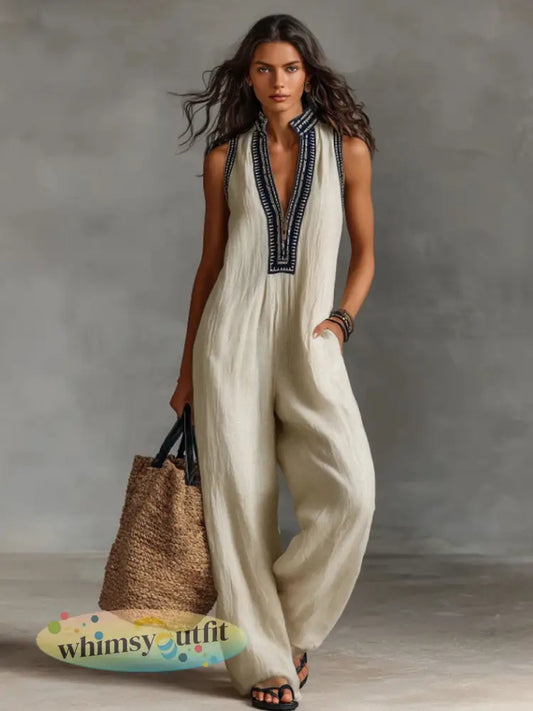 Dames effen kleur linnen mouwloze jumpsuit - Abrikoos / S