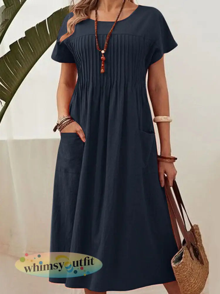 Dames effen kleur ronde hals zak geplooide katoenen linnen jurk met korte mouwen - Marineblauw / S