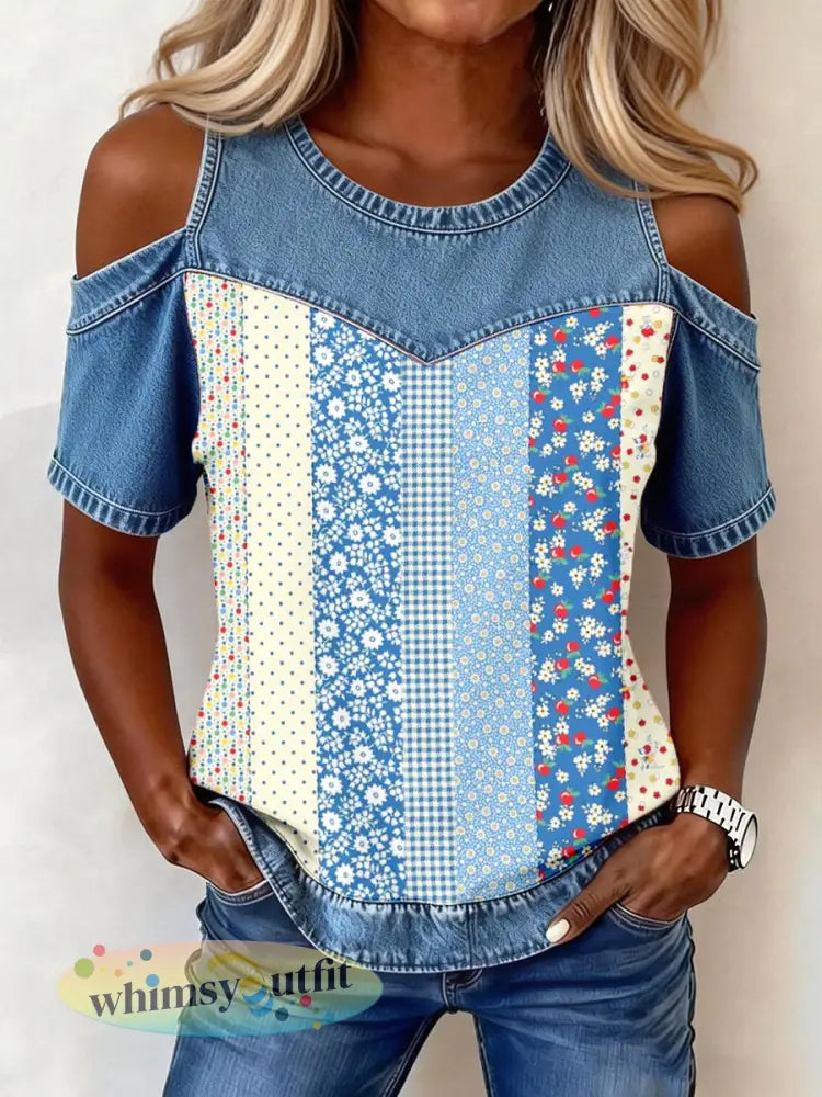 Dames elegant denim patchworktop met bloemenpatroon - als foto / S