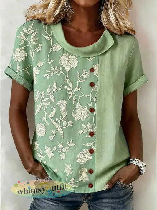 Dames elegant gebloemd linnen blend shirt - Groen / S