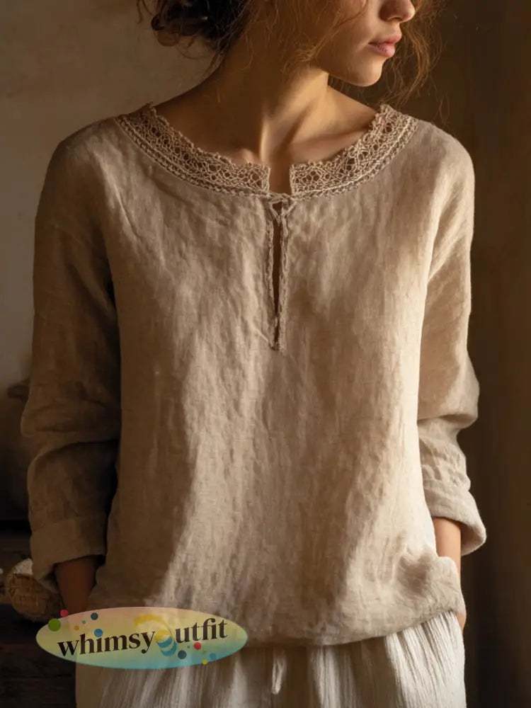 Dames elegant kanten linnen vintage shirt - als foto / S