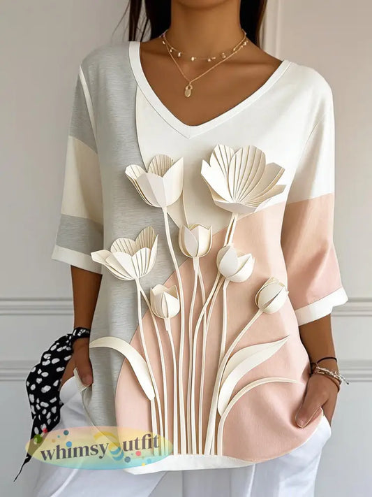 Dames Elegante bloemen 3D print Moederdag cadeau V-hals T-shirt - Romig-Wit / S