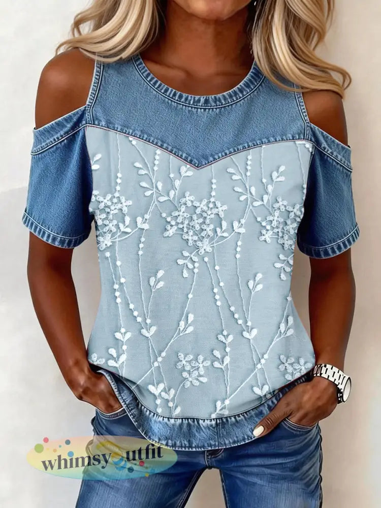 Dames elegante bloemenpatroon denim patchwork top - als foto / S