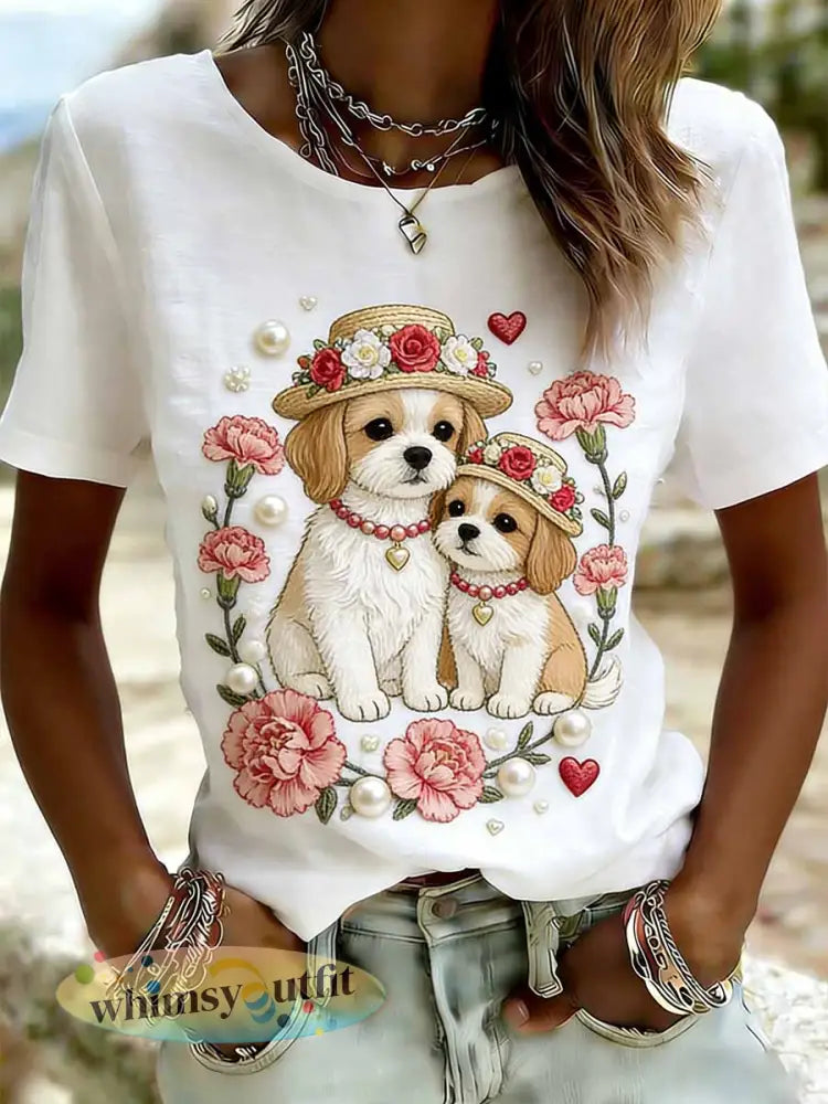 Dames elegante hond moeder liefde patroon gedrukt casual T-shirt - als foto / S